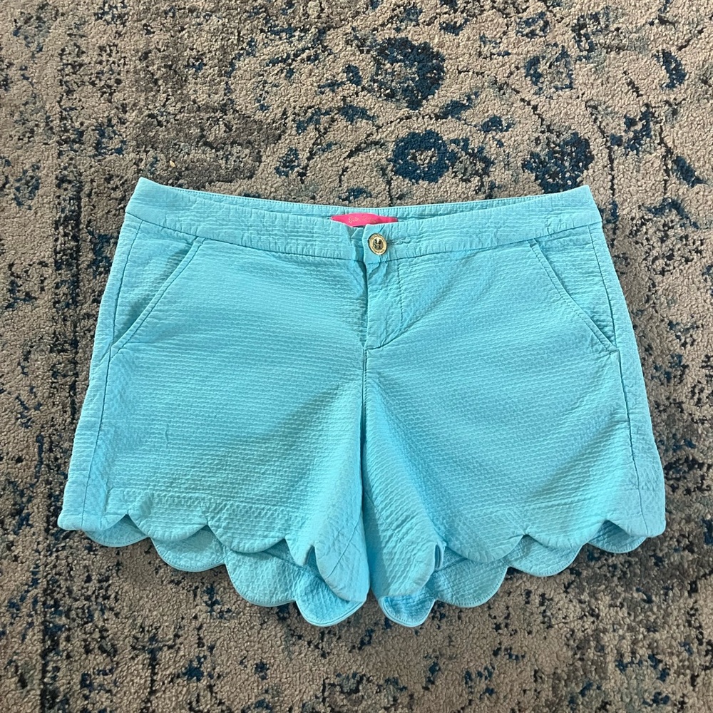 Lilly Pulitzer Aqua Scallop Hem High Waist Shorts